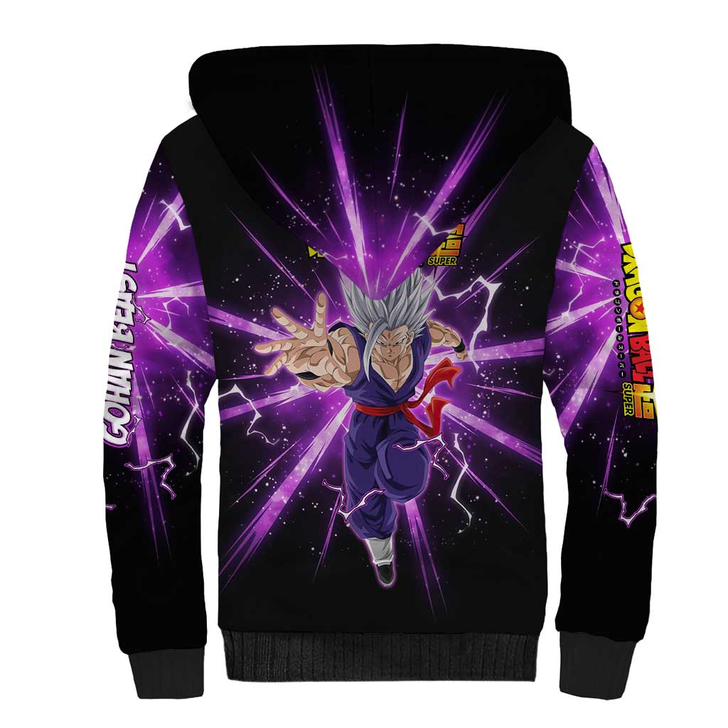 Gohan Beast Dragon Ball Super Anime Purple Lightning Aura Design Sherpa Hoodie with Dynamic Power Pose and Energy Burst Background - The Mazicc