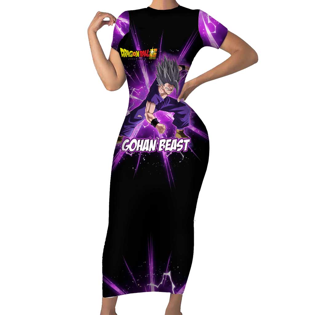 Gohan Beast Dragon Ball Super Anime Purple Lightning Aura Design Short Sleeve Bodycon Dress with Dynamic Power Pose and Energy Burst Background - The Mazicc