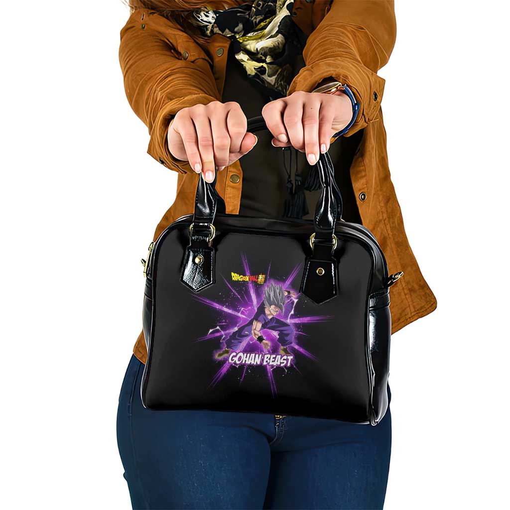 Gohan Beast Dragon Ball Super Anime Purple Lightning Aura Design Shoulder Handbag with Dynamic Power Pose and Energy Burst Background - The Mazicc