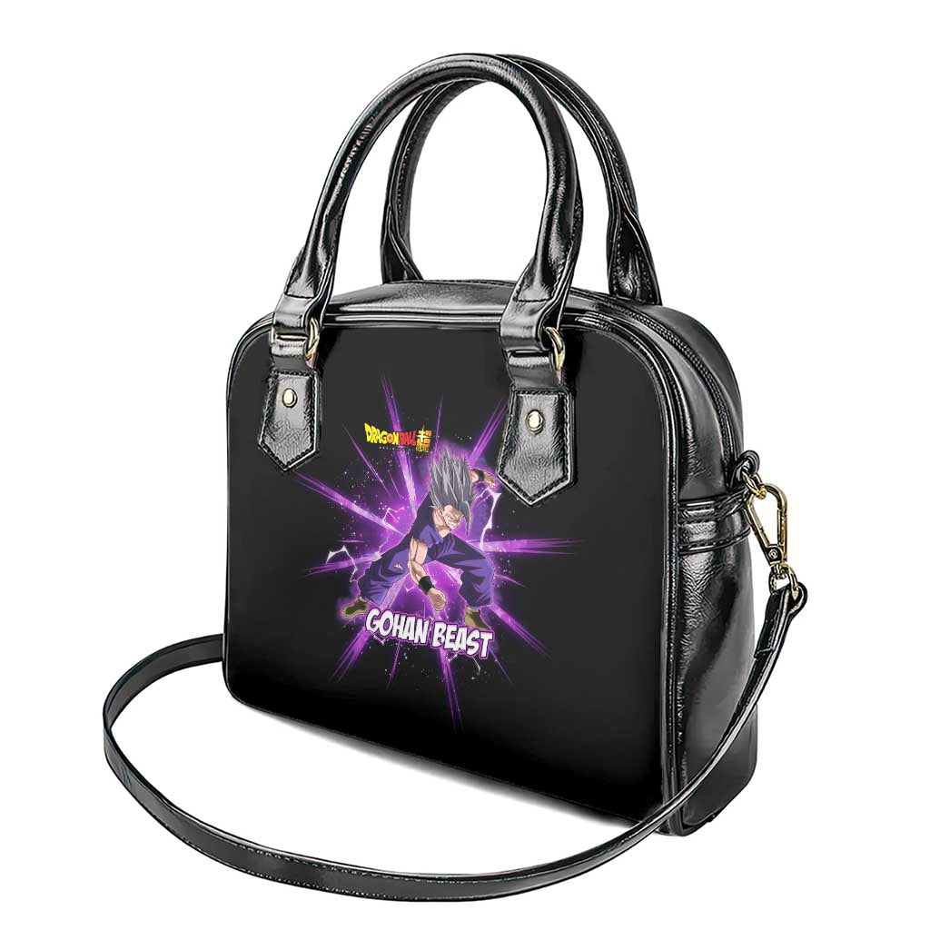 Gohan Beast Dragon Ball Super Anime Purple Lightning Aura Design Shoulder Handbag with Dynamic Power Pose and Energy Burst Background - The Mazicc