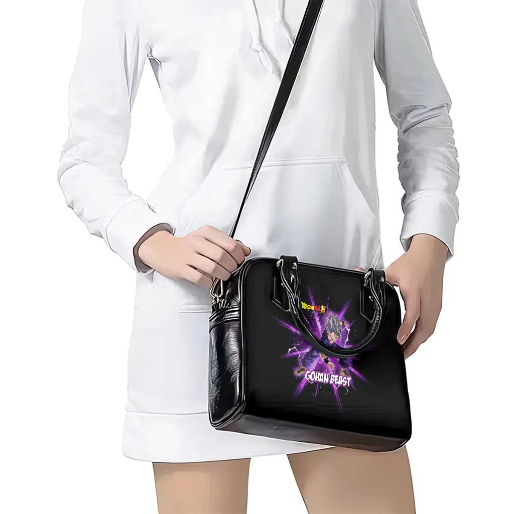 Gohan Beast Dragon Ball Super Anime Purple Lightning Aura Design Shoulder Handbag with Dynamic Power Pose and Energy Burst Background - The Mazicc