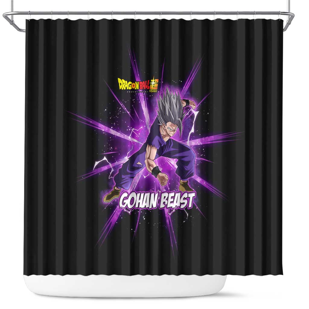 Gohan Beast Dragon Ball Super Anime Purple Lightning Aura Design Shower Curtain with Dynamic Power Pose and Energy Burst Background - The Mazicc