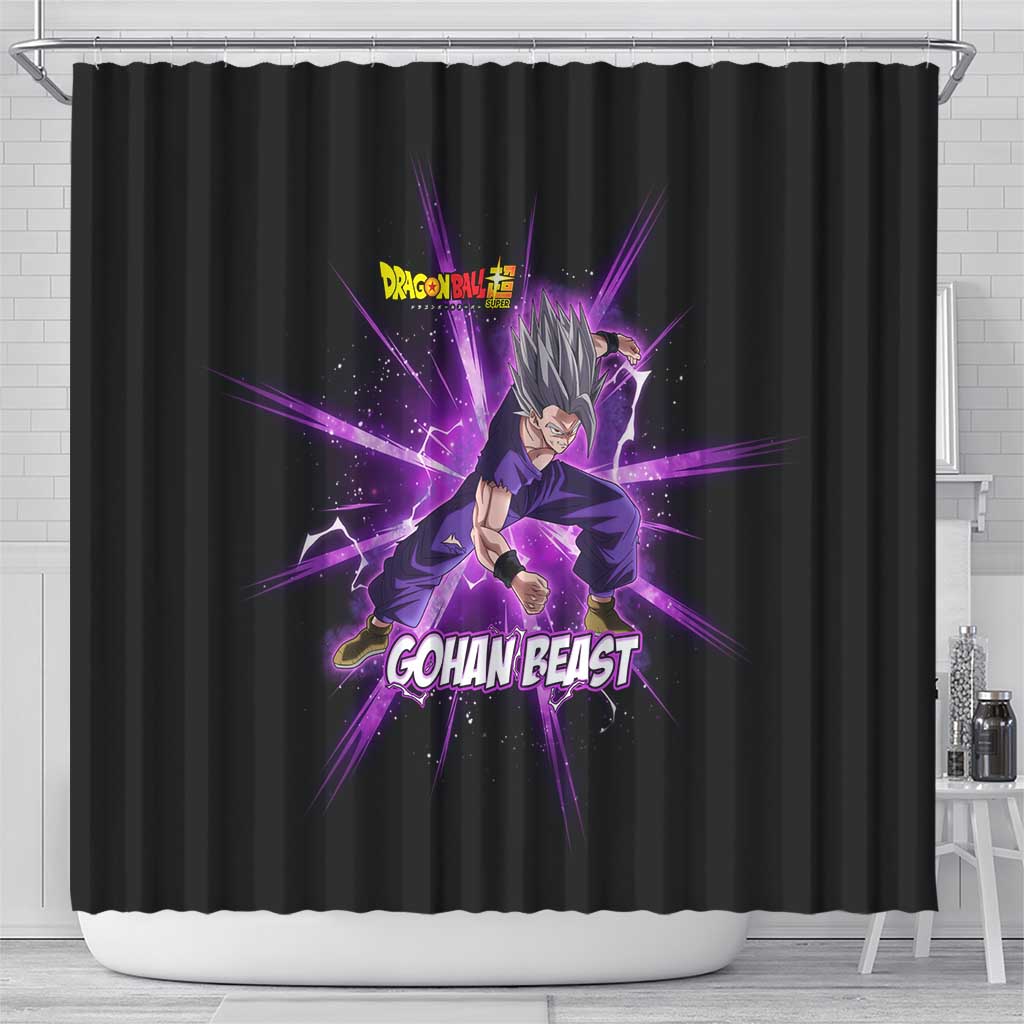Gohan Beast Dragon Ball Super Anime Purple Lightning Aura Design Shower Curtain with Dynamic Power Pose and Energy Burst Background - The Mazicc