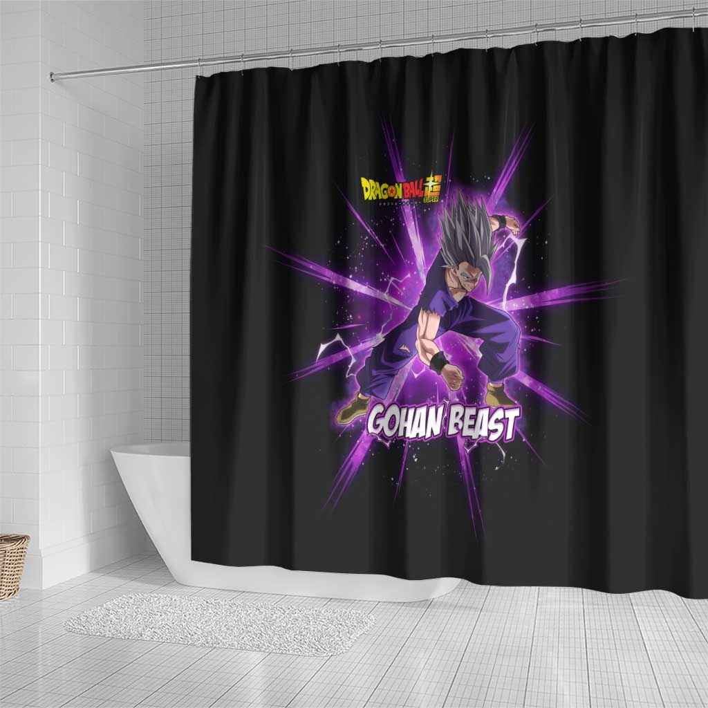 Gohan Beast Dragon Ball Super Anime Purple Lightning Aura Design Shower Curtain with Dynamic Power Pose and Energy Burst Background - The Mazicc