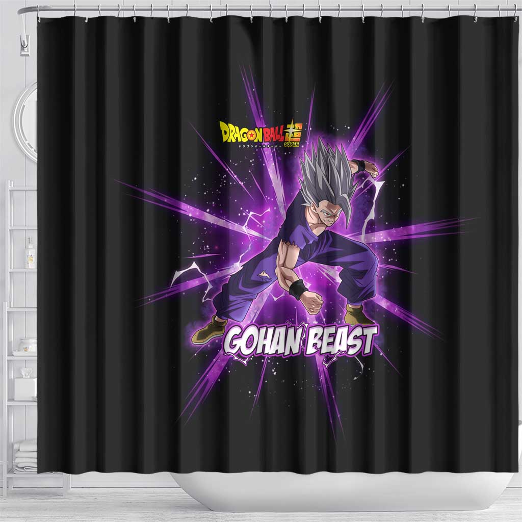 Gohan Beast Dragon Ball Super Anime Purple Lightning Aura Design Shower Curtain with Dynamic Power Pose and Energy Burst Background - The Mazicc