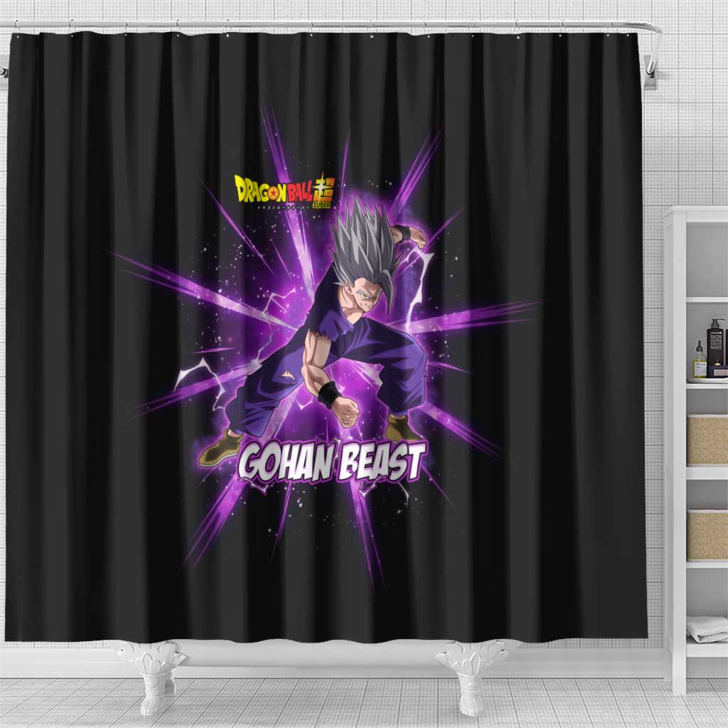 Gohan Beast Dragon Ball Super Anime Purple Lightning Aura Design Shower Curtain with Dynamic Power Pose and Energy Burst Background - The Mazicc