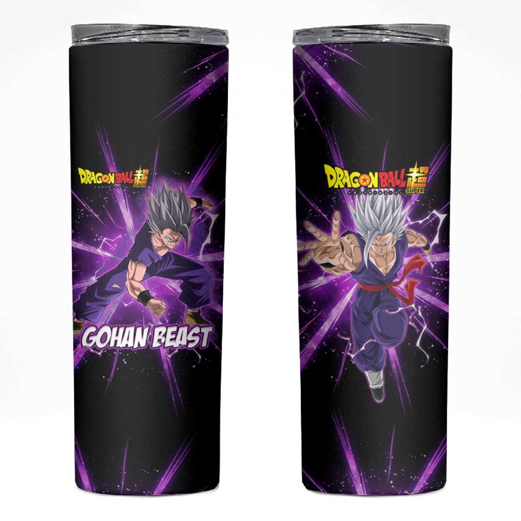 Gohan Beast Dragon Ball Super Anime Purple Lightning Aura Design Skinny Tumbler with Dynamic Power Pose and Energy Burst Background - The Mazicc