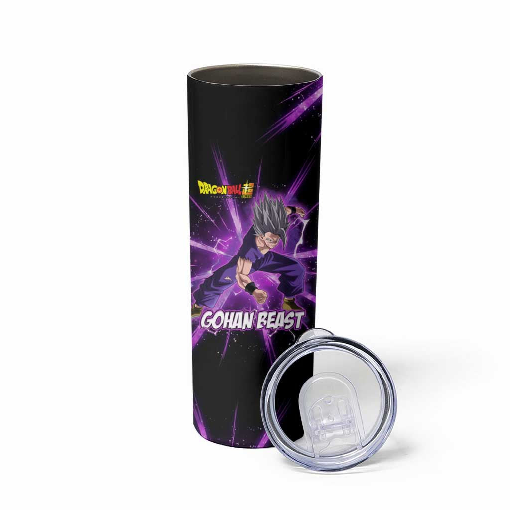 Gohan Beast Dragon Ball Super Anime Purple Lightning Aura Design Skinny Tumbler with Dynamic Power Pose and Energy Burst Background - The Mazicc
