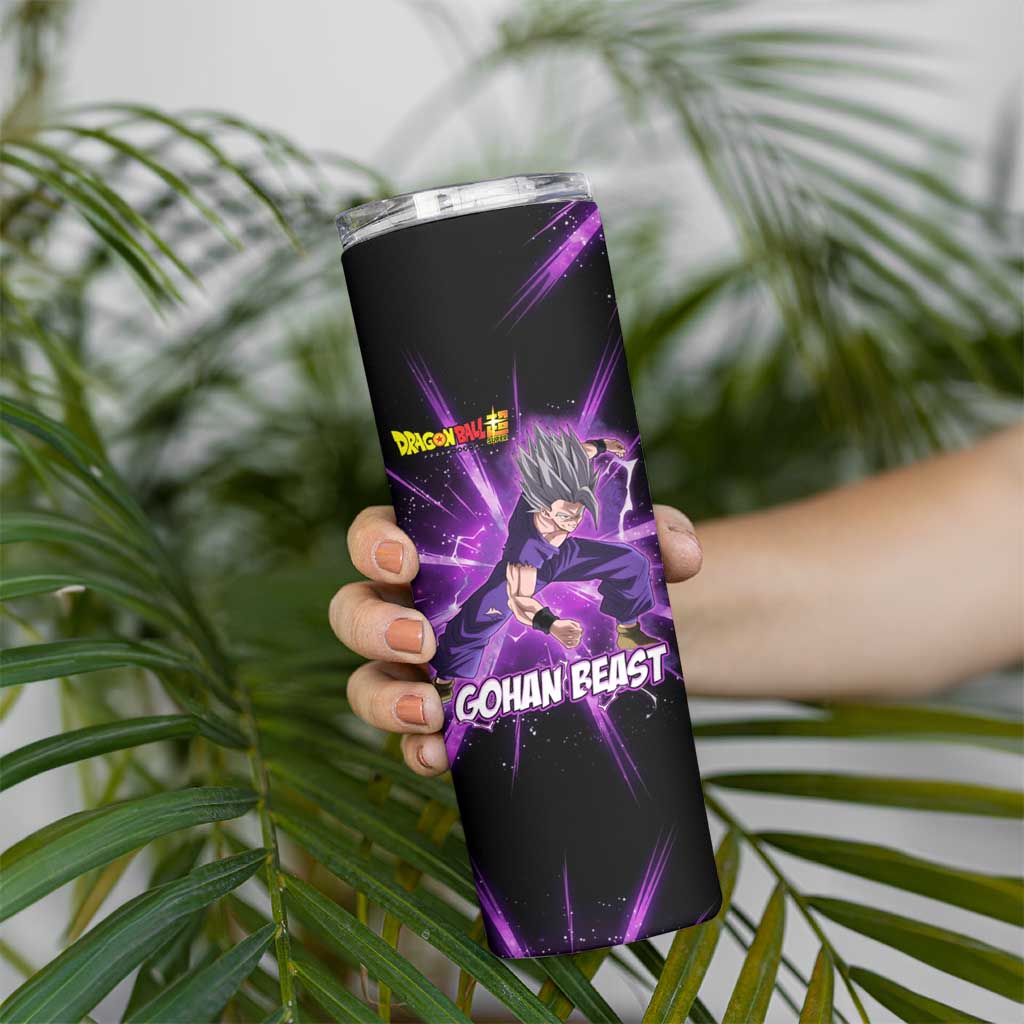 Gohan Beast Dragon Ball Super Anime Purple Lightning Aura Design Skinny Tumbler with Dynamic Power Pose and Energy Burst Background - The Mazicc