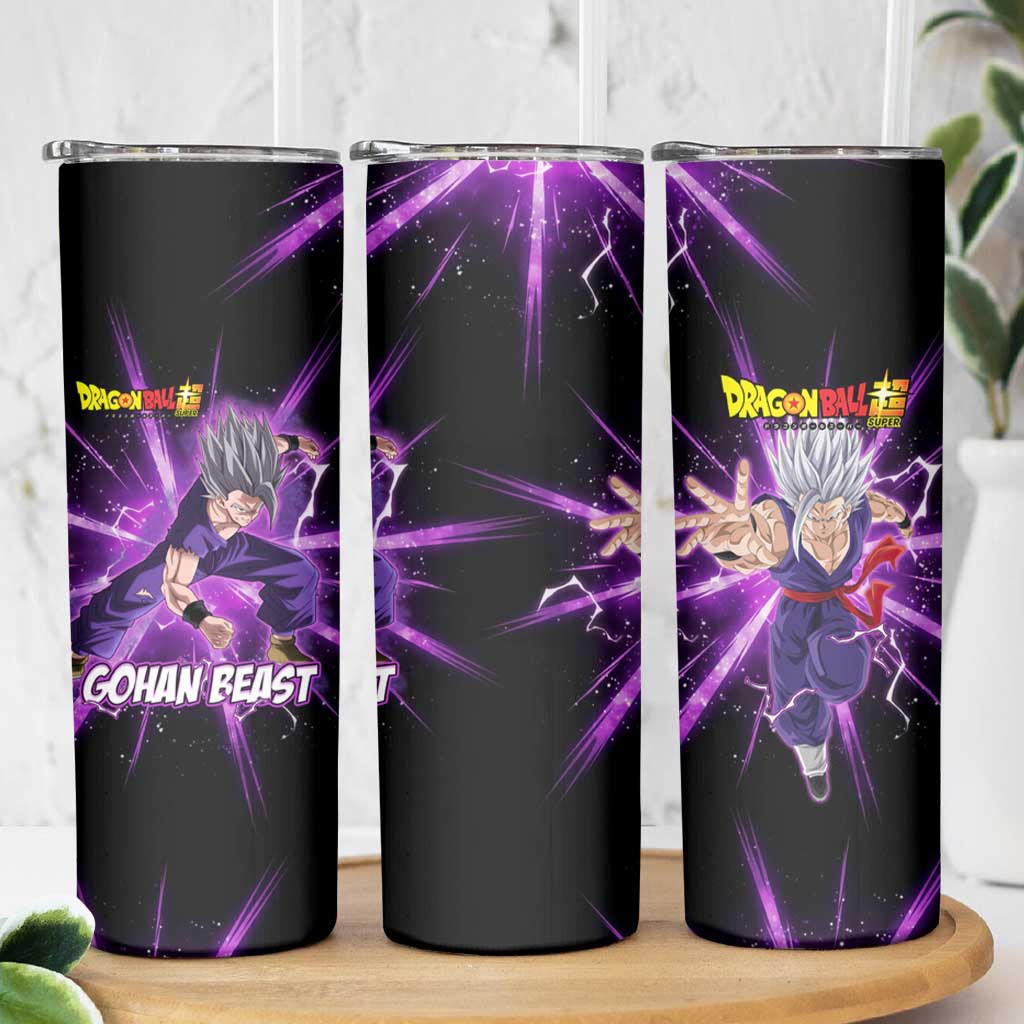 Gohan Beast Dragon Ball Super Anime Purple Lightning Aura Design Skinny Tumbler with Dynamic Power Pose and Energy Burst Background - The Mazicc