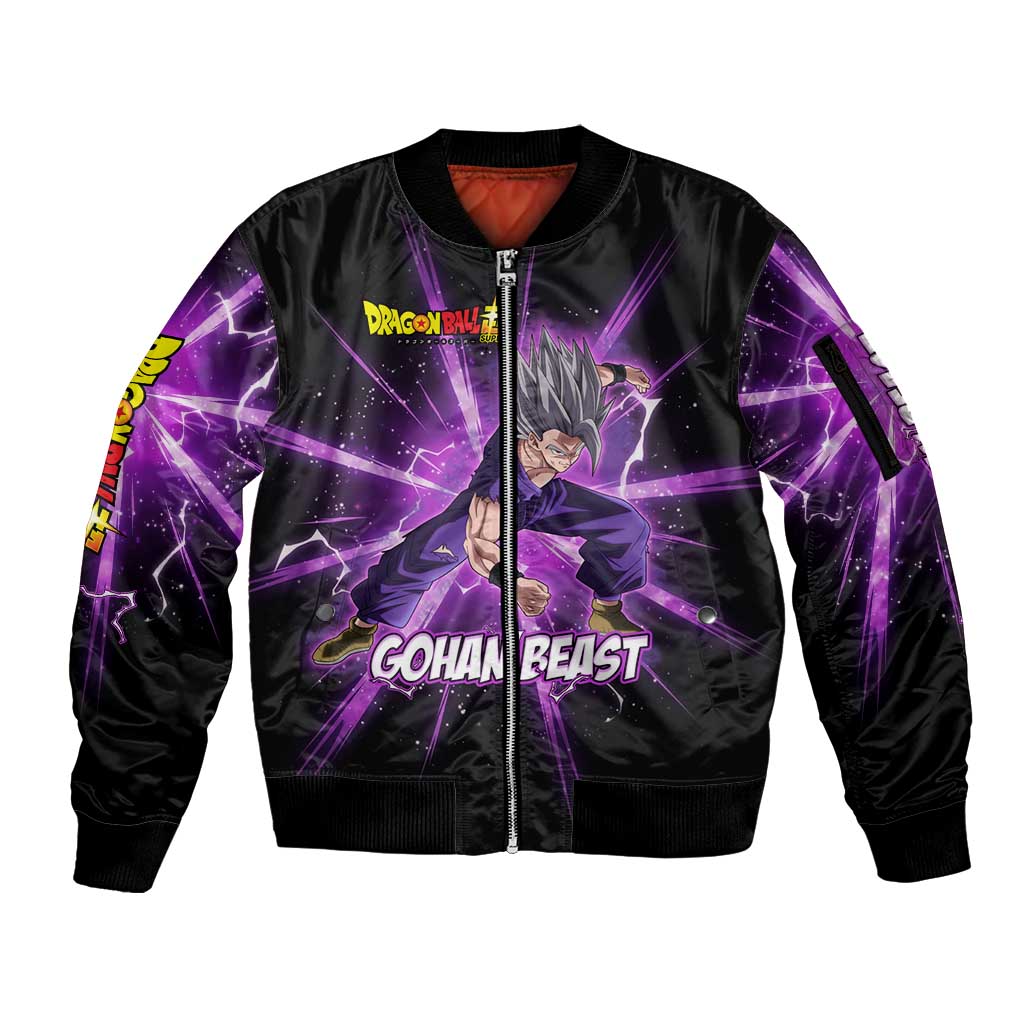 Gohan Beast Dragon Ball Super Anime Purple Lightning Aura Design Sleeve Zip Bomber Jacket with Dynamic Power Pose and Energy Burst Background - The Mazicc
