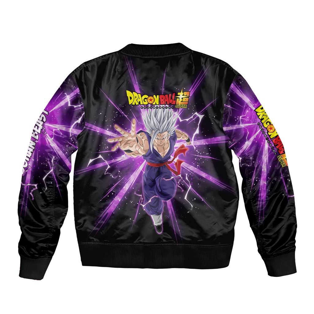 Gohan Beast Dragon Ball Super Anime Purple Lightning Aura Design Sleeve Zip Bomber Jacket with Dynamic Power Pose and Energy Burst Background - The Mazicc
