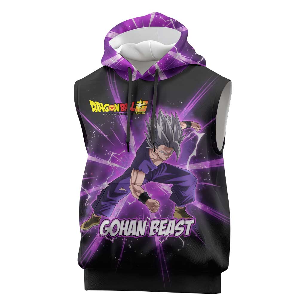 Gohan Beast Dragon Ball Super Anime Purple Lightning Aura Design Sleeveless Hoodie with Dynamic Power Pose and Energy Burst Background - The Mazicc