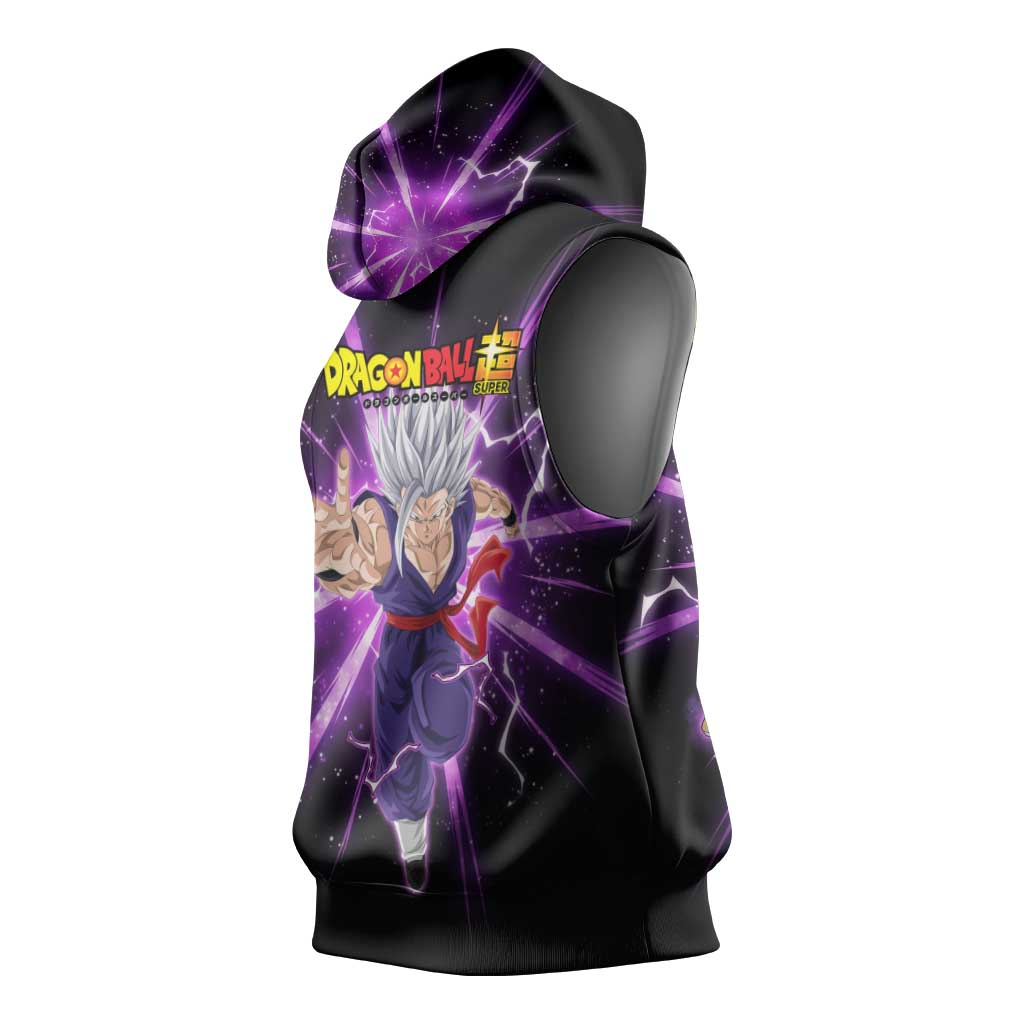 Gohan Beast Dragon Ball Super Anime Purple Lightning Aura Design Sleeveless Hoodie with Dynamic Power Pose and Energy Burst Background - The Mazicc