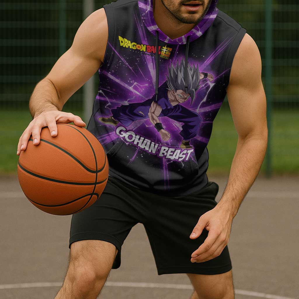 Gohan Beast Dragon Ball Super Anime Purple Lightning Aura Design Sleeveless Hoodie with Dynamic Power Pose and Energy Burst Background - The Mazicc