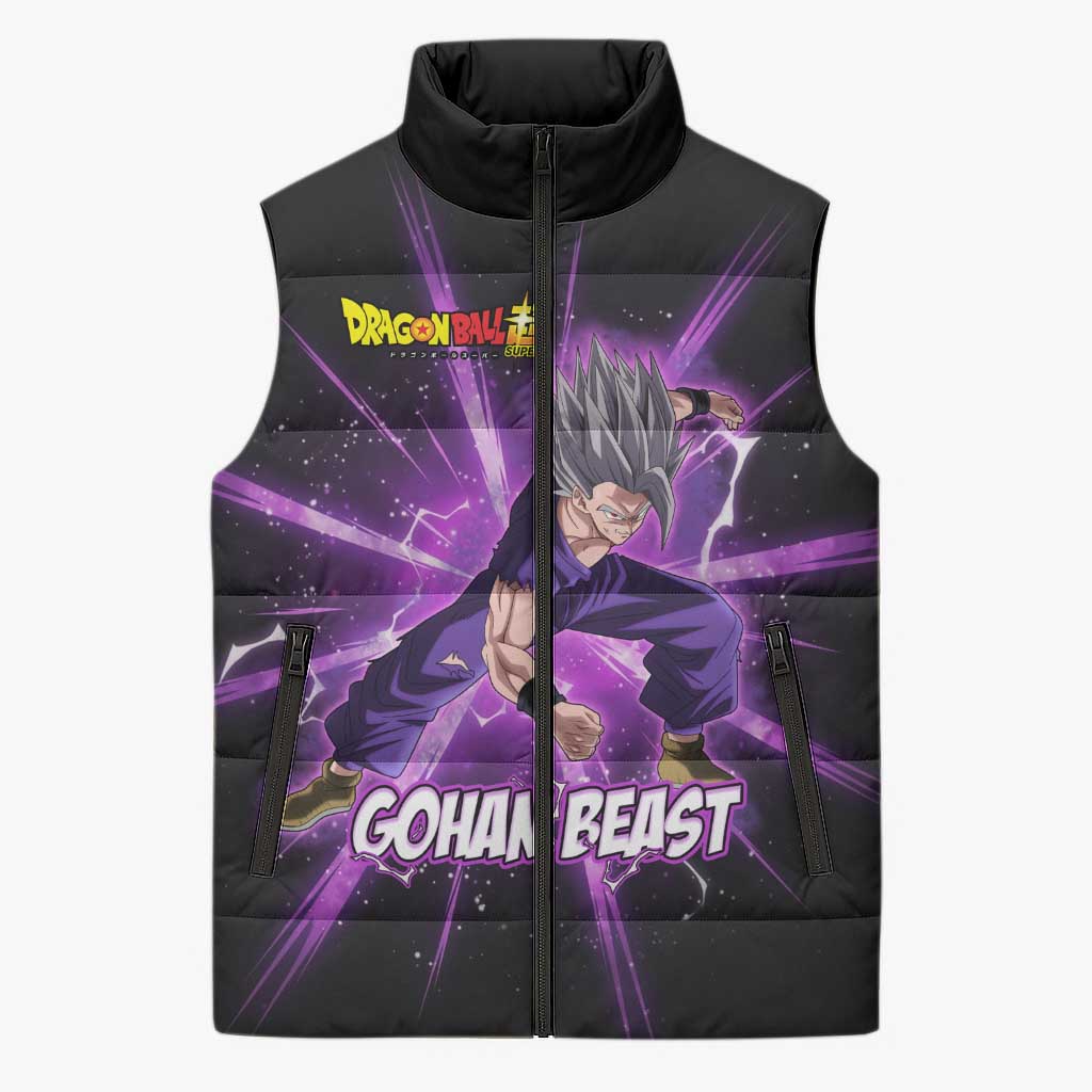 Gohan Beast Dragon Ball Super Anime Purple Lightning Aura Design Sleeveless Puffer Jacket with Dynamic Power Pose and Energy Burst Background - The Mazicc