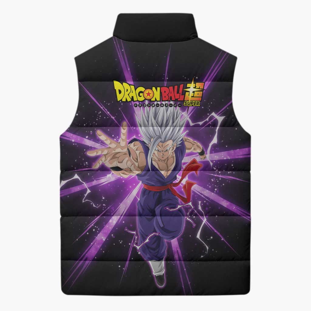 Gohan Beast Dragon Ball Super Anime Purple Lightning Aura Design Sleeveless Puffer Jacket with Dynamic Power Pose and Energy Burst Background - The Mazicc