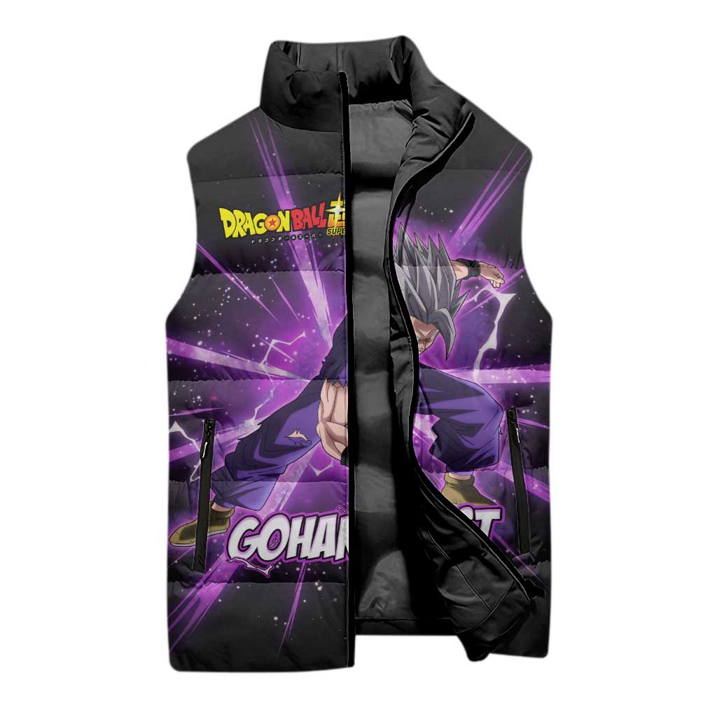 Gohan Beast Dragon Ball Super Anime Purple Lightning Aura Design Sleeveless Puffer Jacket with Dynamic Power Pose and Energy Burst Background - The Mazicc