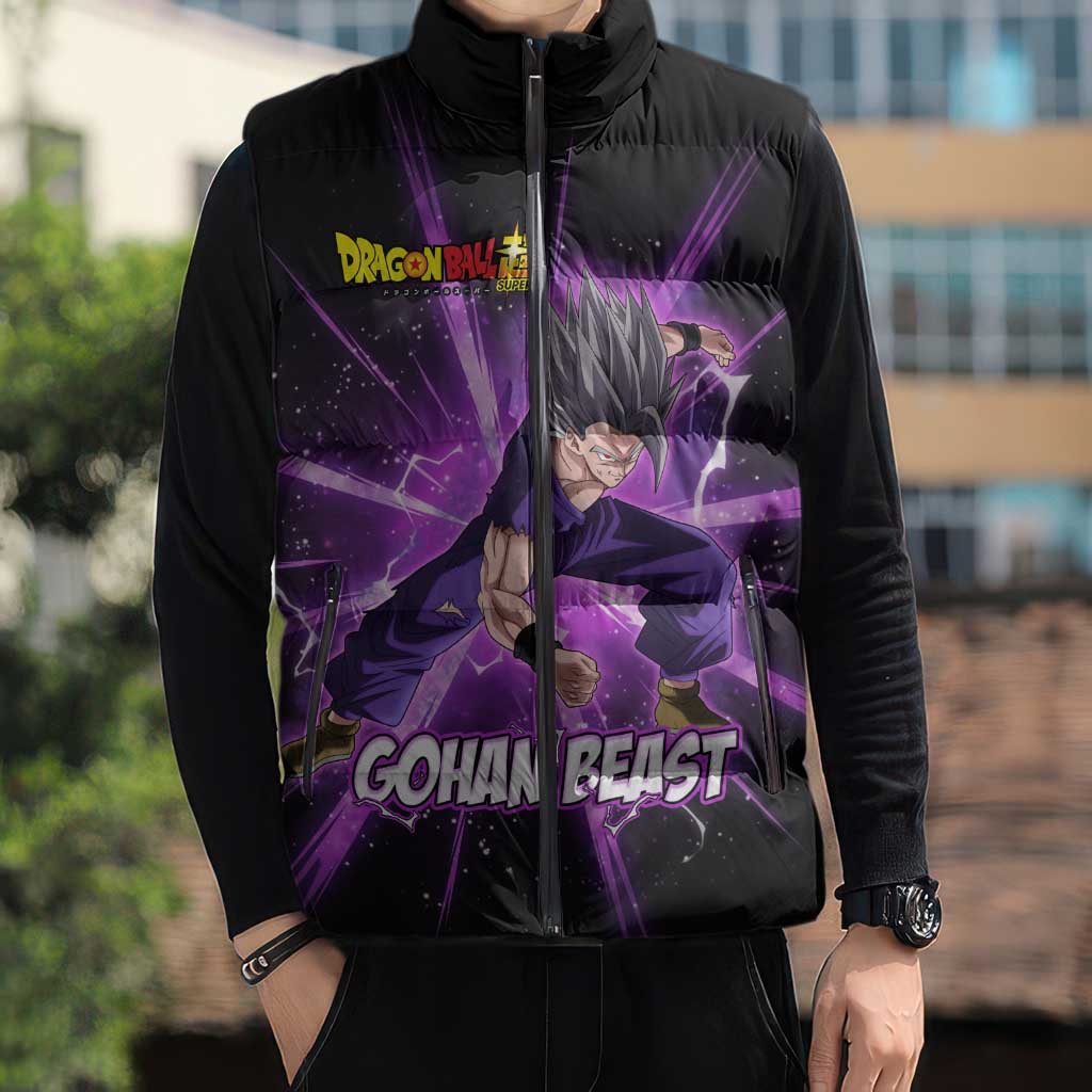 Gohan Beast Dragon Ball Super Anime Purple Lightning Aura Design Sleeveless Puffer Jacket with Dynamic Power Pose and Energy Burst Background - The Mazicc