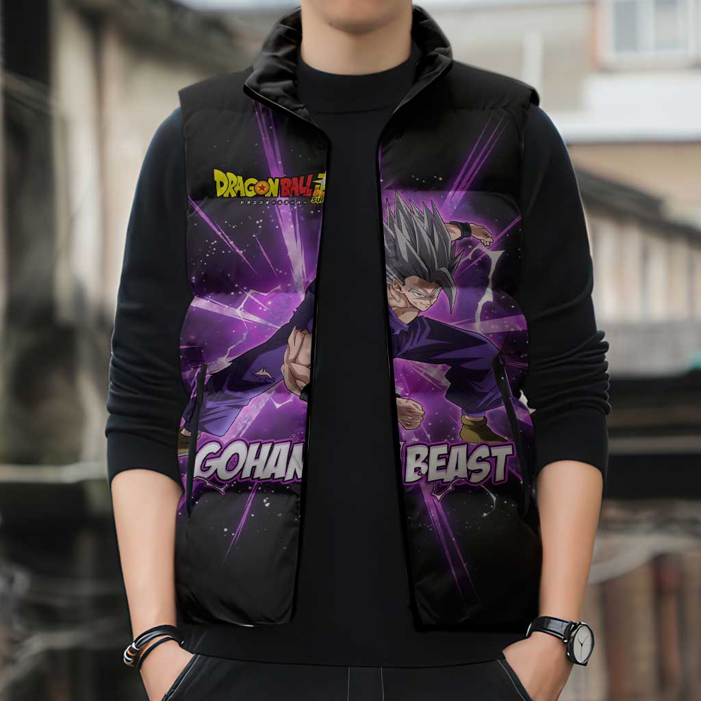 Gohan Beast Dragon Ball Super Anime Purple Lightning Aura Design Sleeveless Puffer Jacket with Dynamic Power Pose and Energy Burst Background - The Mazicc