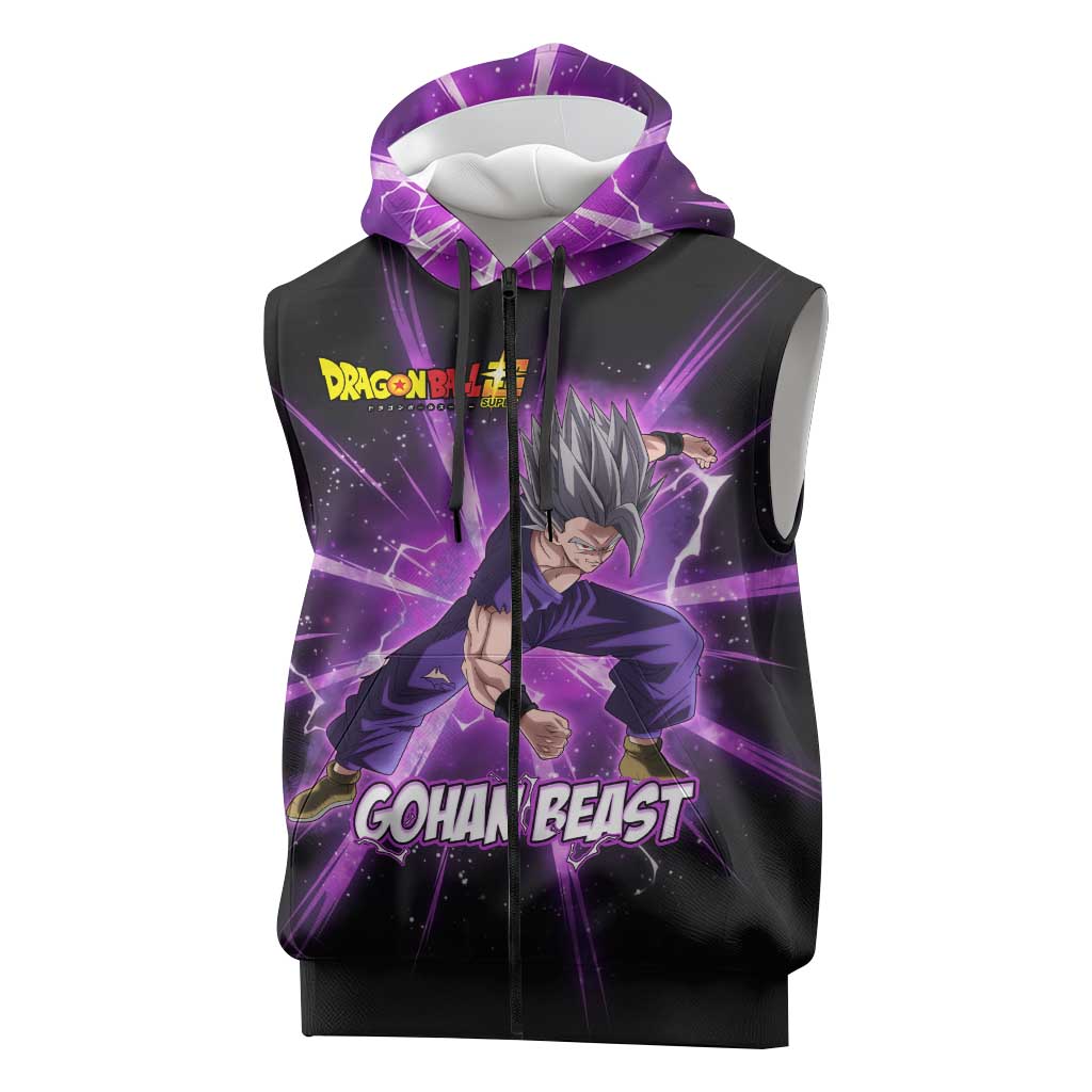 Gohan Beast Dragon Ball Super Anime Purple Lightning Aura Design Sleeveless Zip Hoodie with Dynamic Power Pose and Energy Burst Background - The Mazicc