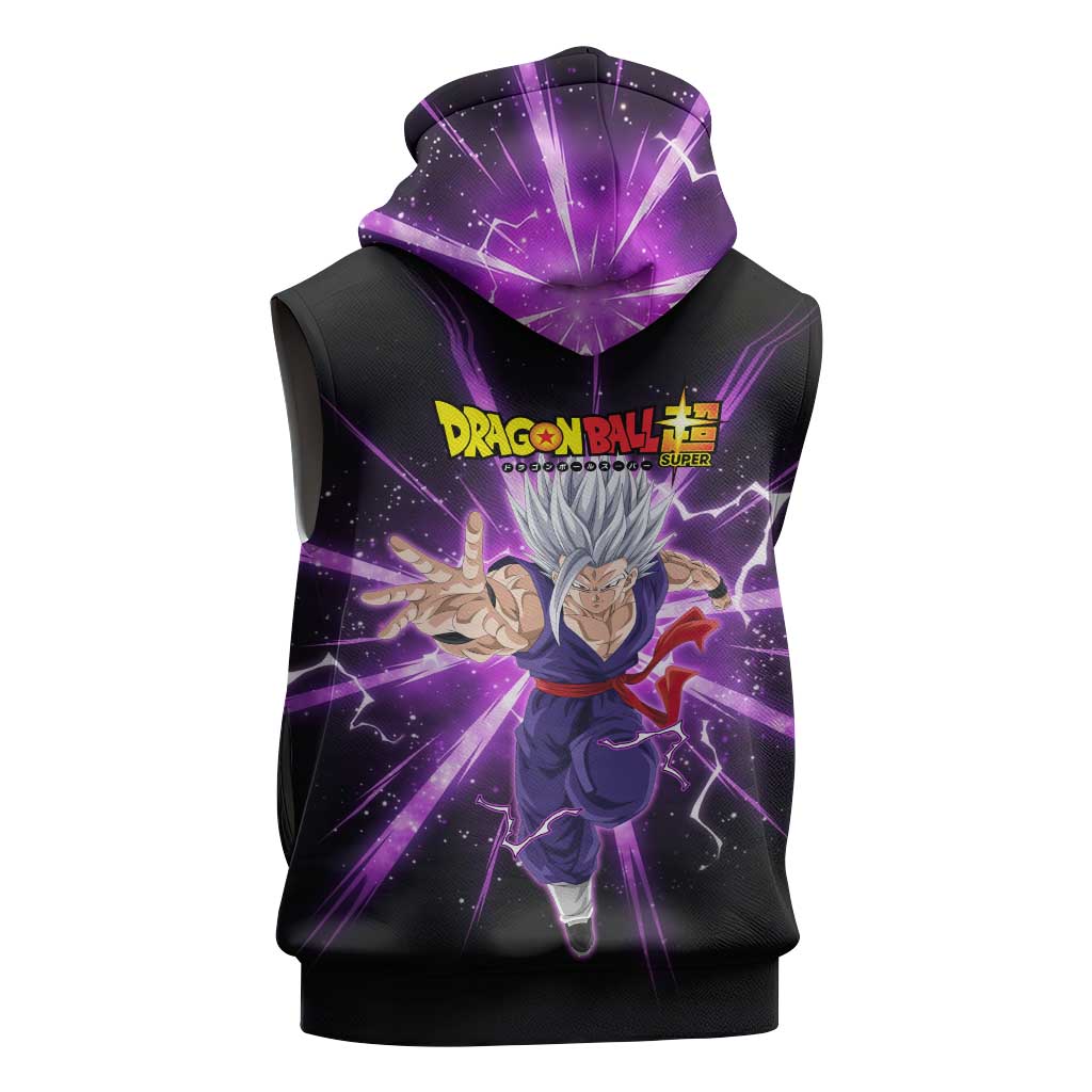 Gohan Beast Dragon Ball Super Anime Purple Lightning Aura Design Sleeveless Zip Hoodie with Dynamic Power Pose and Energy Burst Background - The Mazicc
