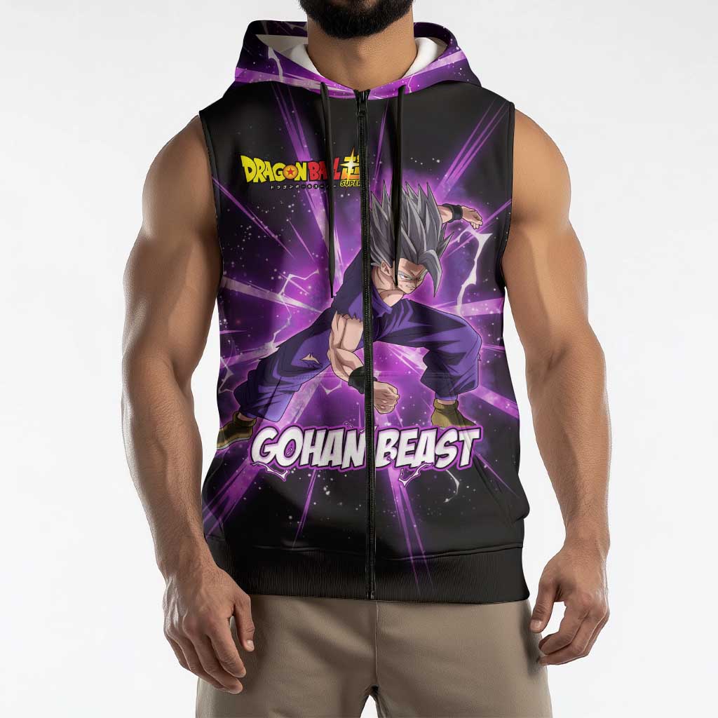 Gohan Beast Dragon Ball Super Anime Purple Lightning Aura Design Sleeveless Zip Hoodie with Dynamic Power Pose and Energy Burst Background - The Mazicc