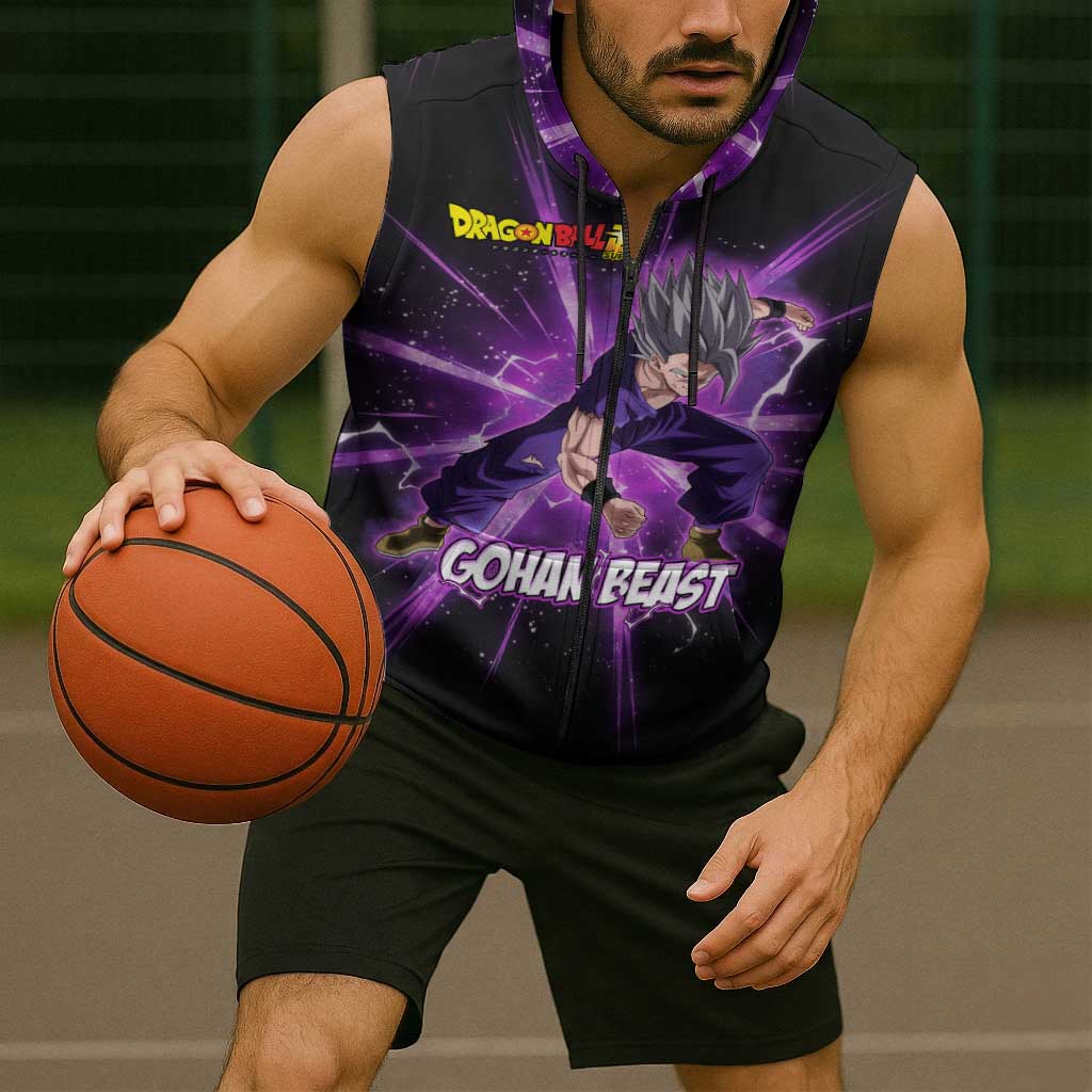 Gohan Beast Dragon Ball Super Anime Purple Lightning Aura Design Sleeveless Zip Hoodie with Dynamic Power Pose and Energy Burst Background - The Mazicc