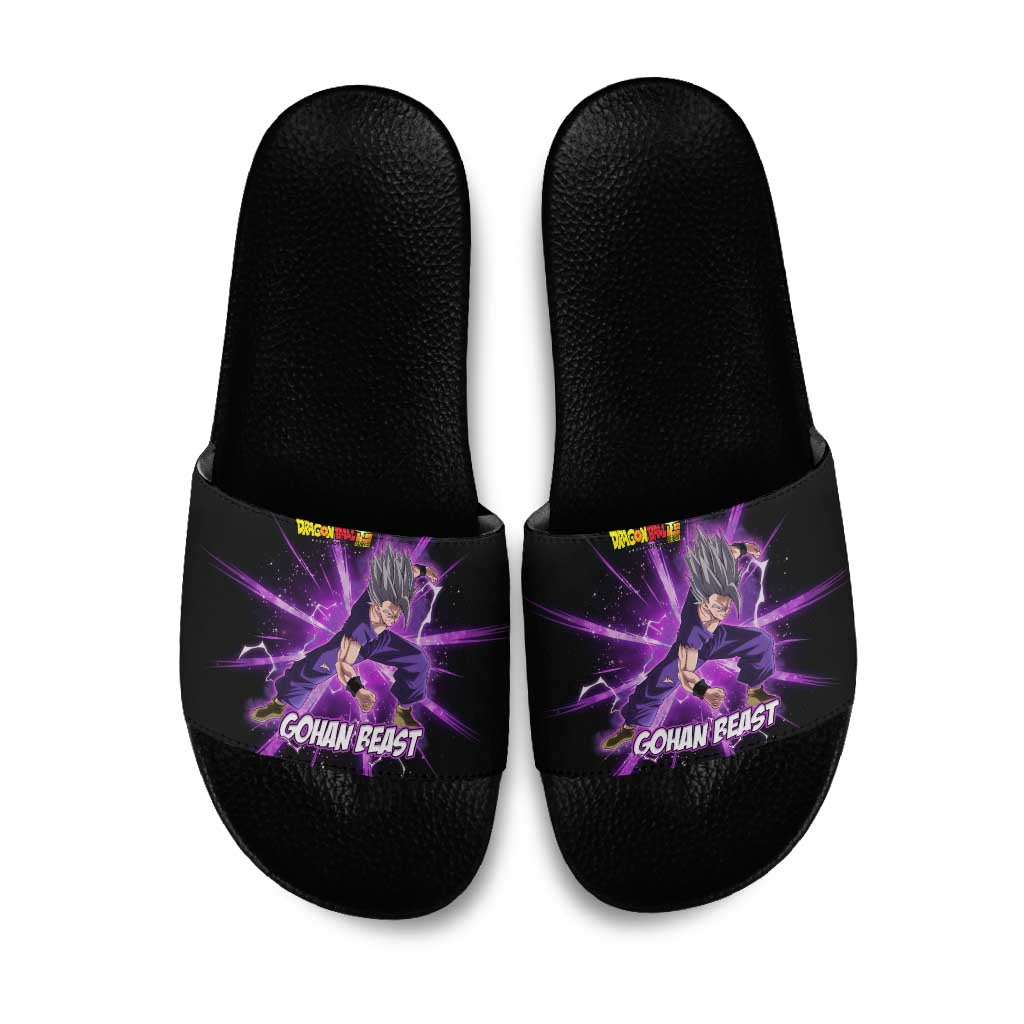 Gohan Beast Dragon Ball Super Anime Purple Lightning Aura Design Slide Sandals with Dynamic Power Pose and Energy Burst Background - The Mazicc
