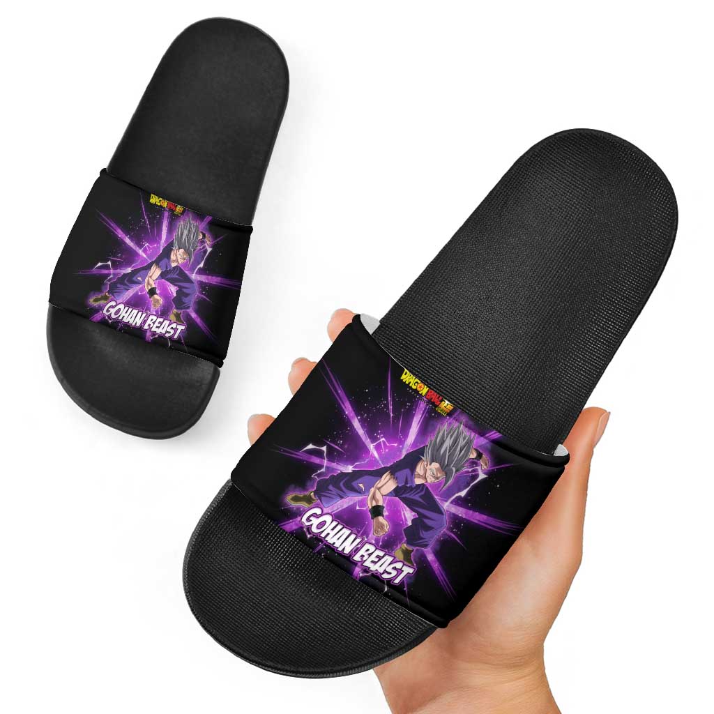 Gohan Beast Dragon Ball Super Anime Purple Lightning Aura Design Slide Sandals with Dynamic Power Pose and Energy Burst Background - The Mazicc
