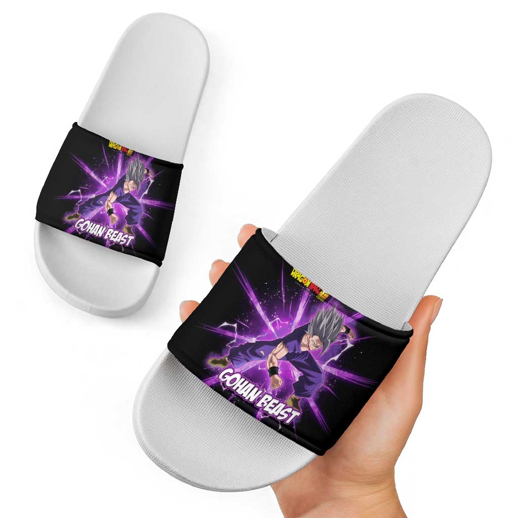Gohan Beast Dragon Ball Super Anime Purple Lightning Aura Design Slide Sandals with Dynamic Power Pose and Energy Burst Background - The Mazicc