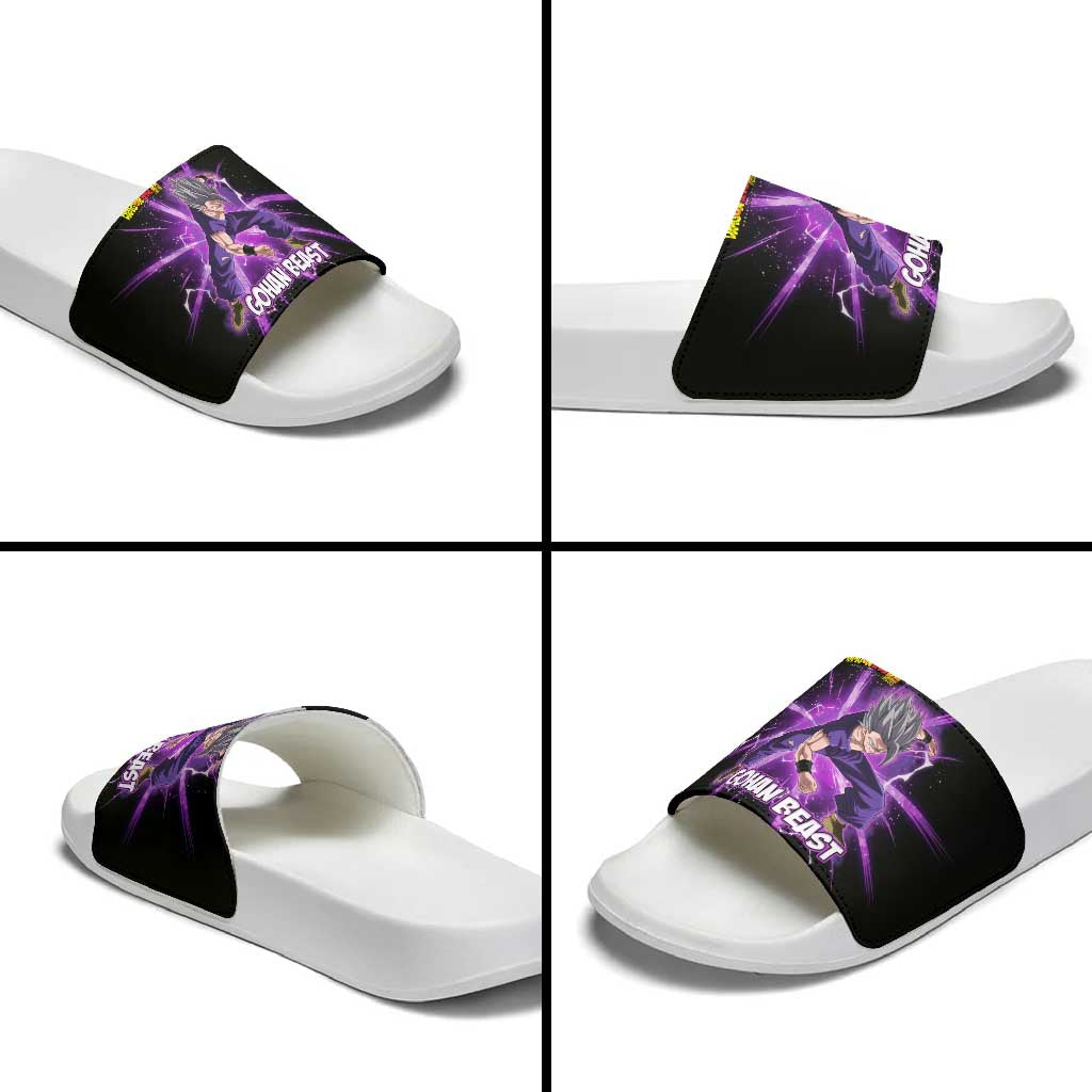 Gohan Beast Dragon Ball Super Anime Purple Lightning Aura Design Slide Sandals with Dynamic Power Pose and Energy Burst Background - The Mazicc