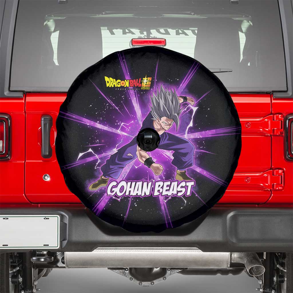 Gohan Beast Dragon Ball Super Anime Purple Lightning Aura Design Spare Tire Cover with Dynamic Power Pose and Energy Burst Background - The Mazicc
