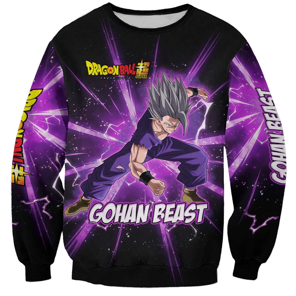 Gohan Beast Dragon Ball Super Anime Purple Lightning Aura Design Sweatshirt with Dynamic Power Pose and Energy Burst Background - The Mazicc