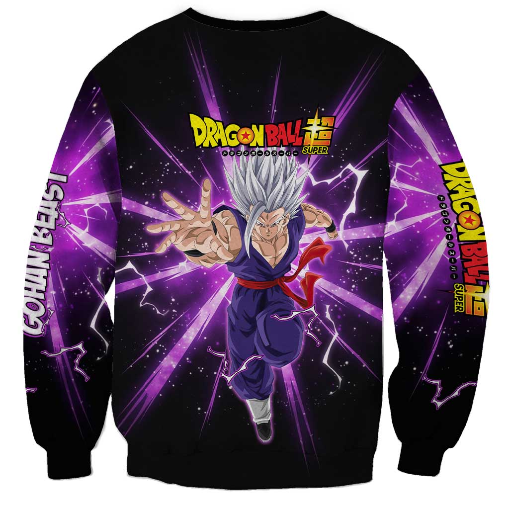 Gohan Beast Dragon Ball Super Anime Purple Lightning Aura Design Sweatshirt with Dynamic Power Pose and Energy Burst Background - The Mazicc