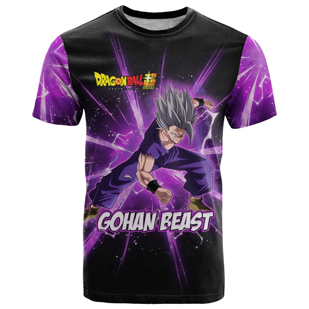 Gohan Beast Dragon Ball Super Anime Purple Lightning Aura Design T Shirt with Dynamic Power Pose and Energy Burst Background - The Mazicc