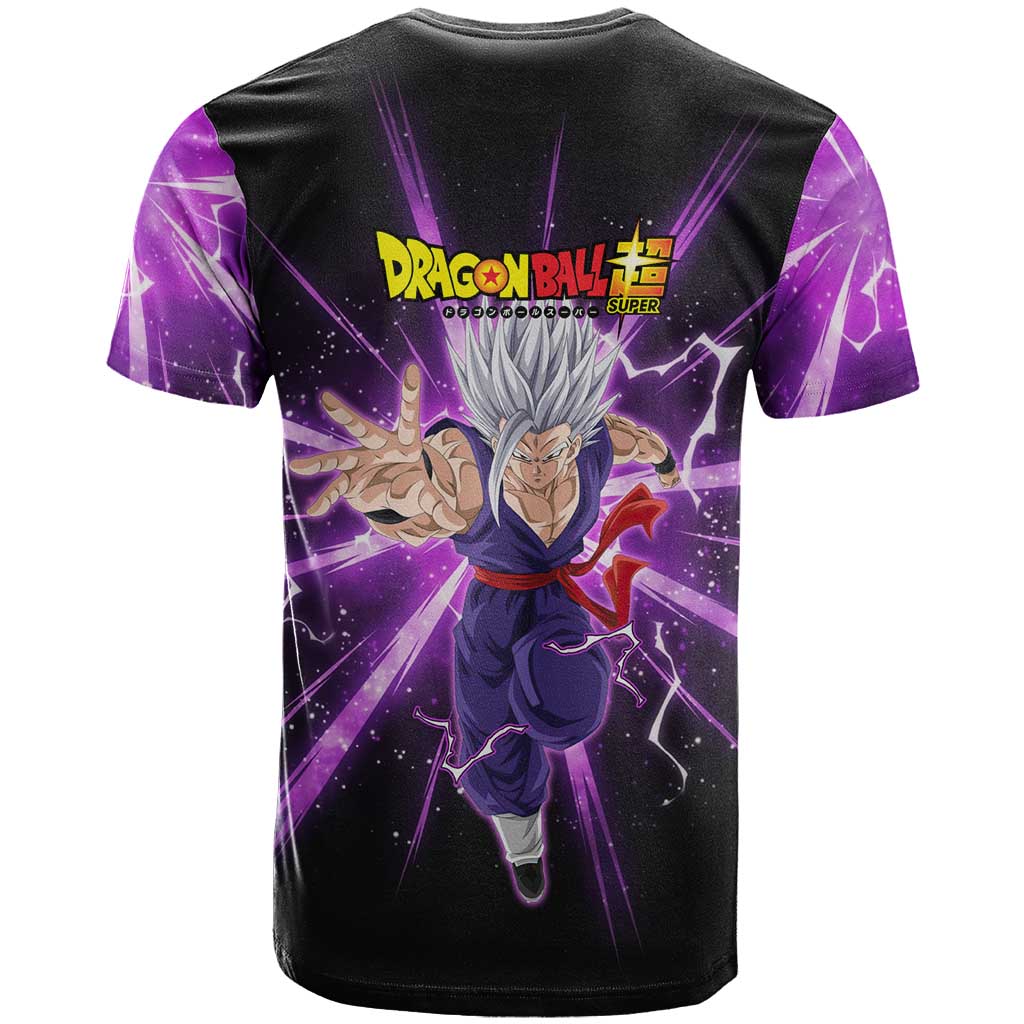 Gohan Beast Dragon Ball Super Anime Purple Lightning Aura Design T Shirt with Dynamic Power Pose and Energy Burst Background - The Mazicc