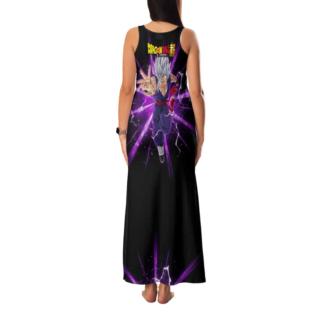 Gohan Beast Dragon Ball Super Anime Purple Lightning Aura Design Tank Maxi Dress with Dynamic Power Pose and Energy Burst Background - The Mazicc