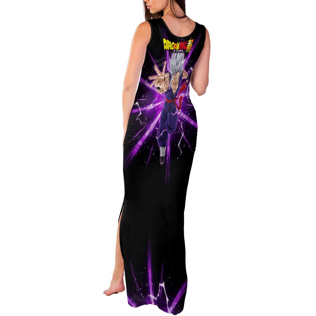 Gohan Beast Dragon Ball Super Anime Purple Lightning Aura Design Tank Maxi Dress with Dynamic Power Pose and Energy Burst Background - The Mazicc