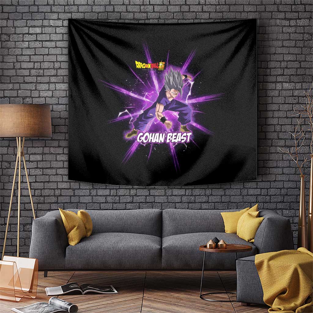 Gohan Beast Dragon Ball Super Anime Purple Lightning Aura Design Tapestry with Dynamic Power Pose and Energy Burst Background - The Mazicc