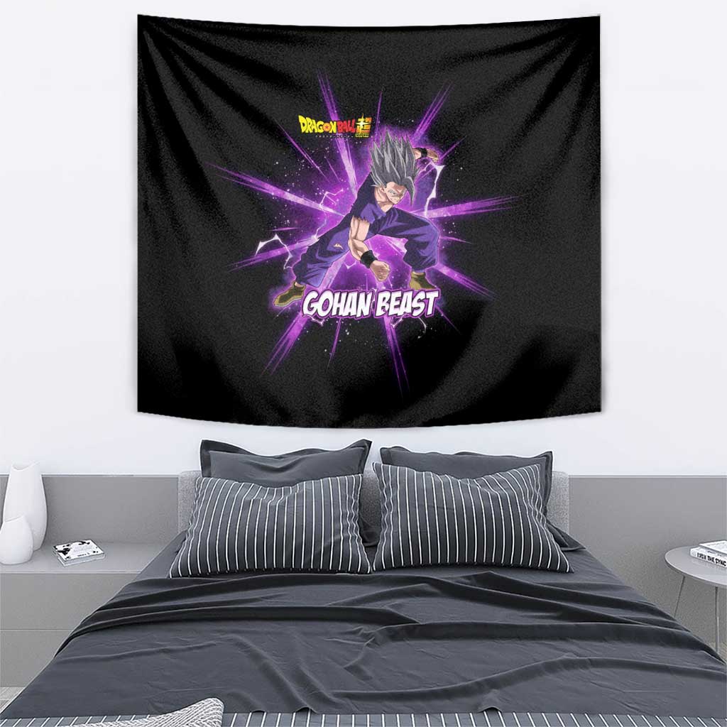 Gohan Beast Dragon Ball Super Anime Purple Lightning Aura Design Tapestry with Dynamic Power Pose and Energy Burst Background - The Mazicc