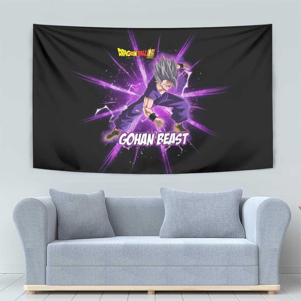 Gohan Beast Dragon Ball Super Anime Purple Lightning Aura Design Tapestry with Dynamic Power Pose and Energy Burst Background - The Mazicc