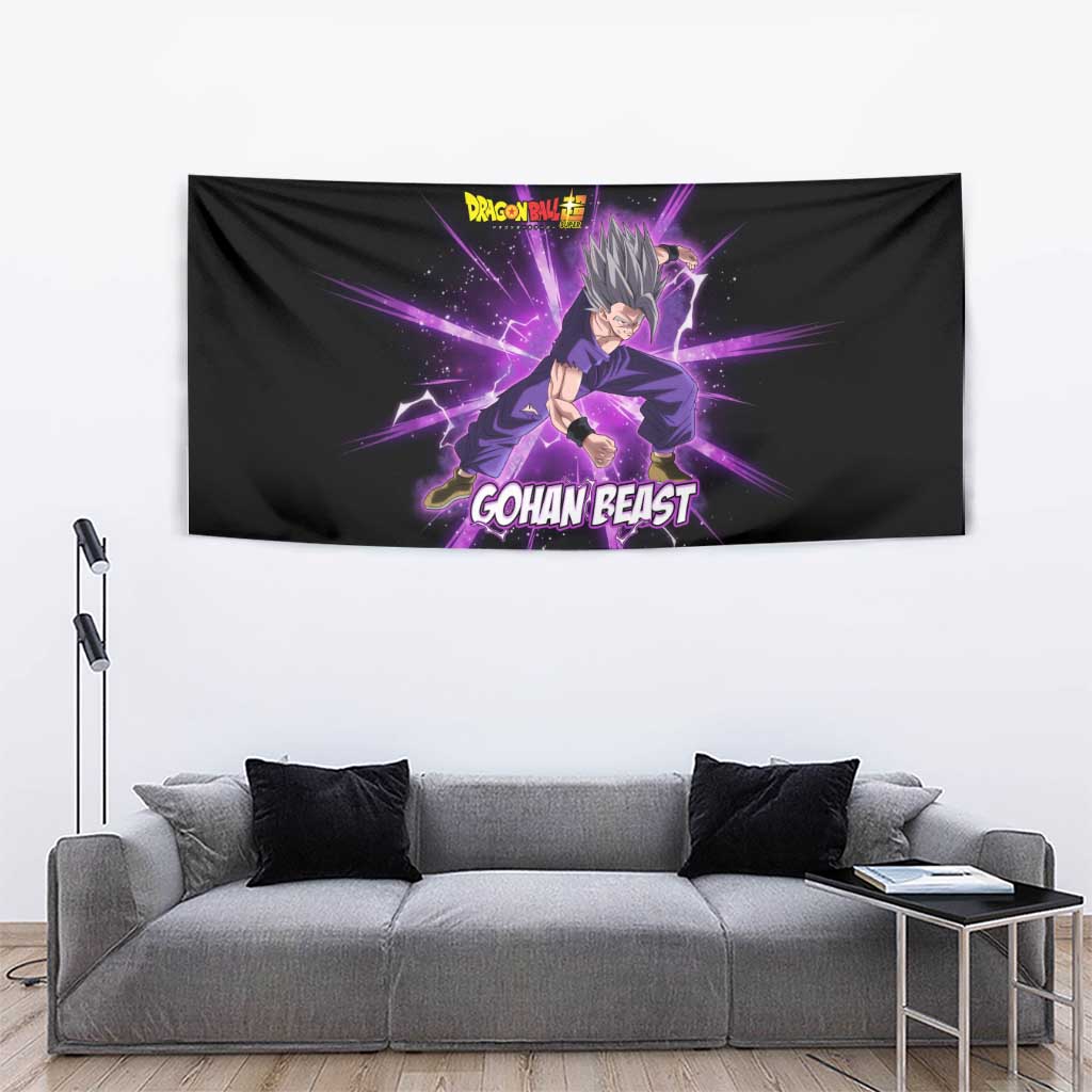 Gohan Beast Dragon Ball Super Anime Purple Lightning Aura Design Tapestry with Dynamic Power Pose and Energy Burst Background - The Mazicc