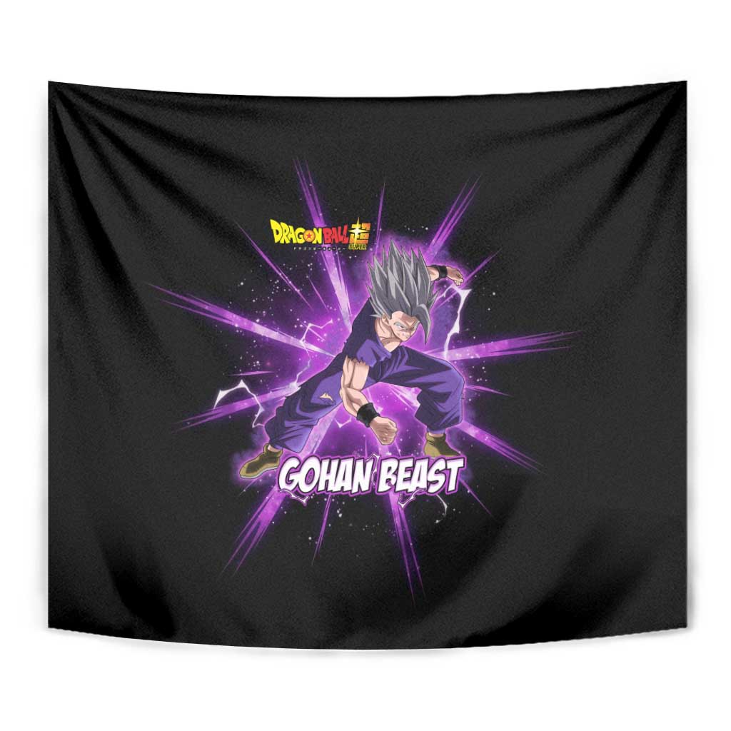 Gohan Beast Dragon Ball Super Anime Purple Lightning Aura Design Tapestry with Dynamic Power Pose and Energy Burst Background - The Mazicc