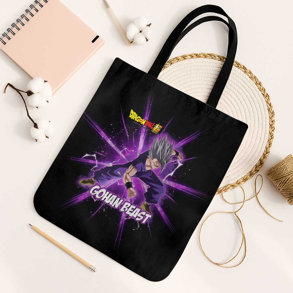 Gohan Beast Dragon Ball Super Anime Purple Lightning Aura Design Tote Bag with Dynamic Power Pose and Energy Burst Background - The Mazicc