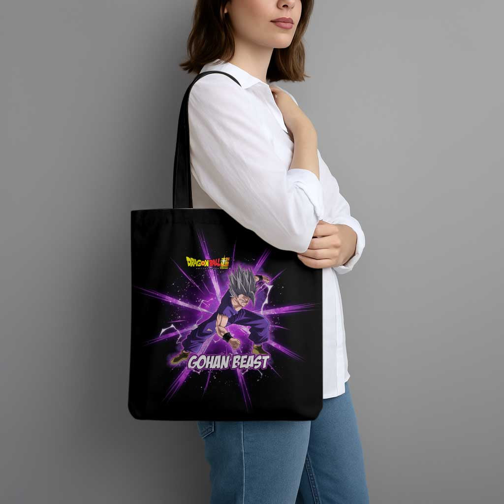 Gohan Beast Dragon Ball Super Anime Purple Lightning Aura Design Tote Bag with Dynamic Power Pose and Energy Burst Background - The Mazicc