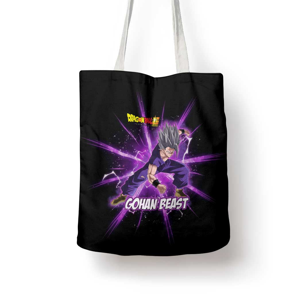 Gohan Beast Dragon Ball Super Anime Purple Lightning Aura Design Tote Bag with Dynamic Power Pose and Energy Burst Background - The Mazicc