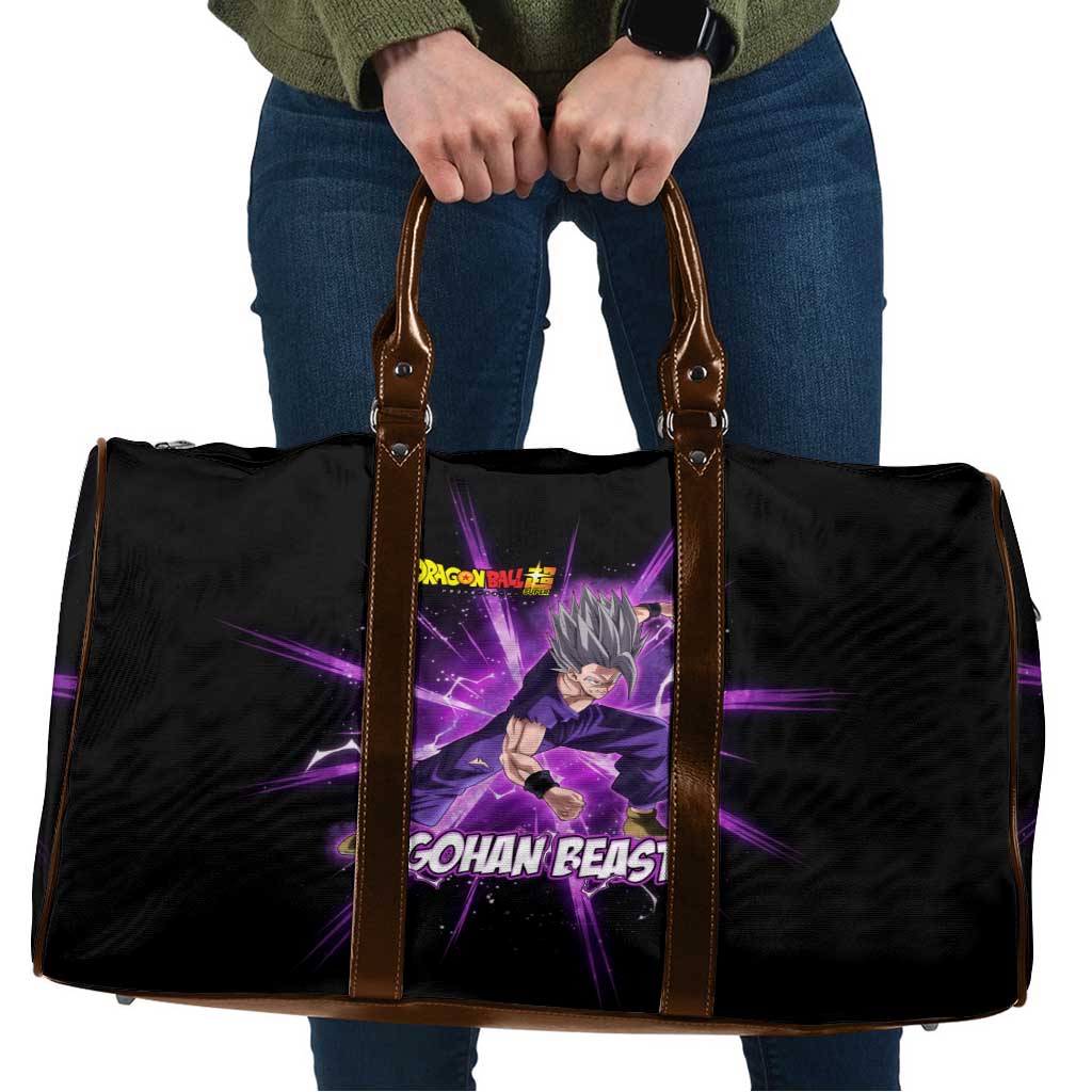 Gohan Beast Dragon Ball Super Anime Purple Lightning Aura Design Travel Bag with Dynamic Power Pose and Energy Burst Background - The Mazicc