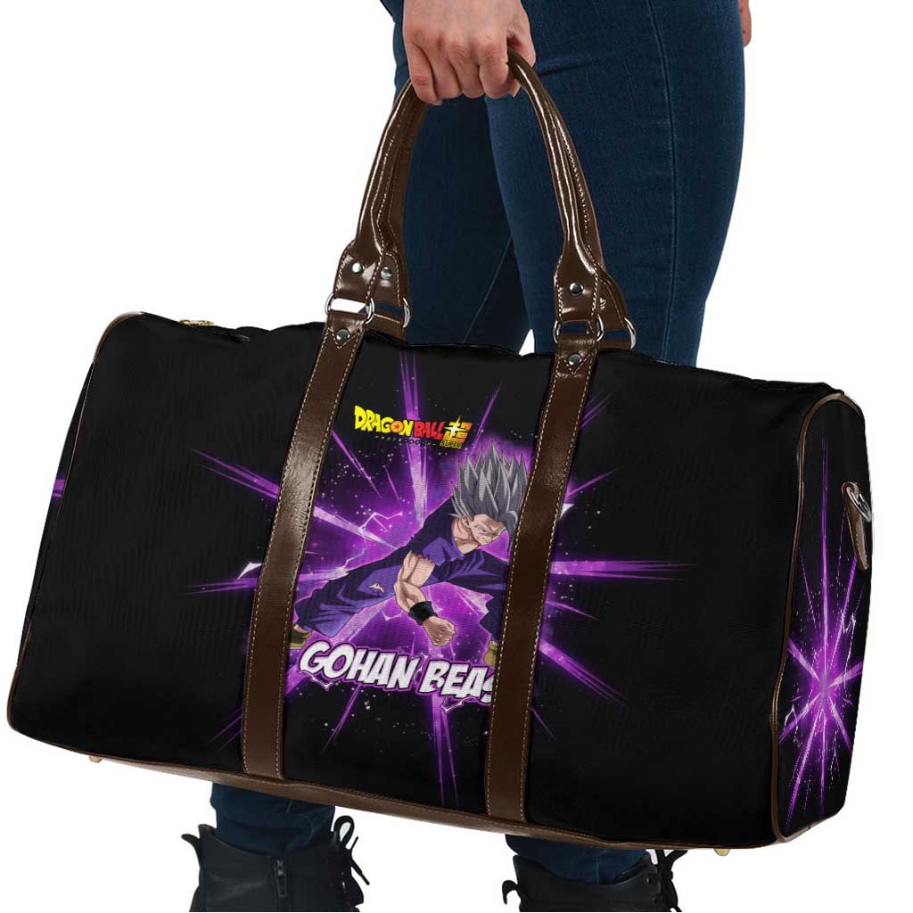 Gohan Beast Dragon Ball Super Anime Purple Lightning Aura Design Travel Bag with Dynamic Power Pose and Energy Burst Background - The Mazicc