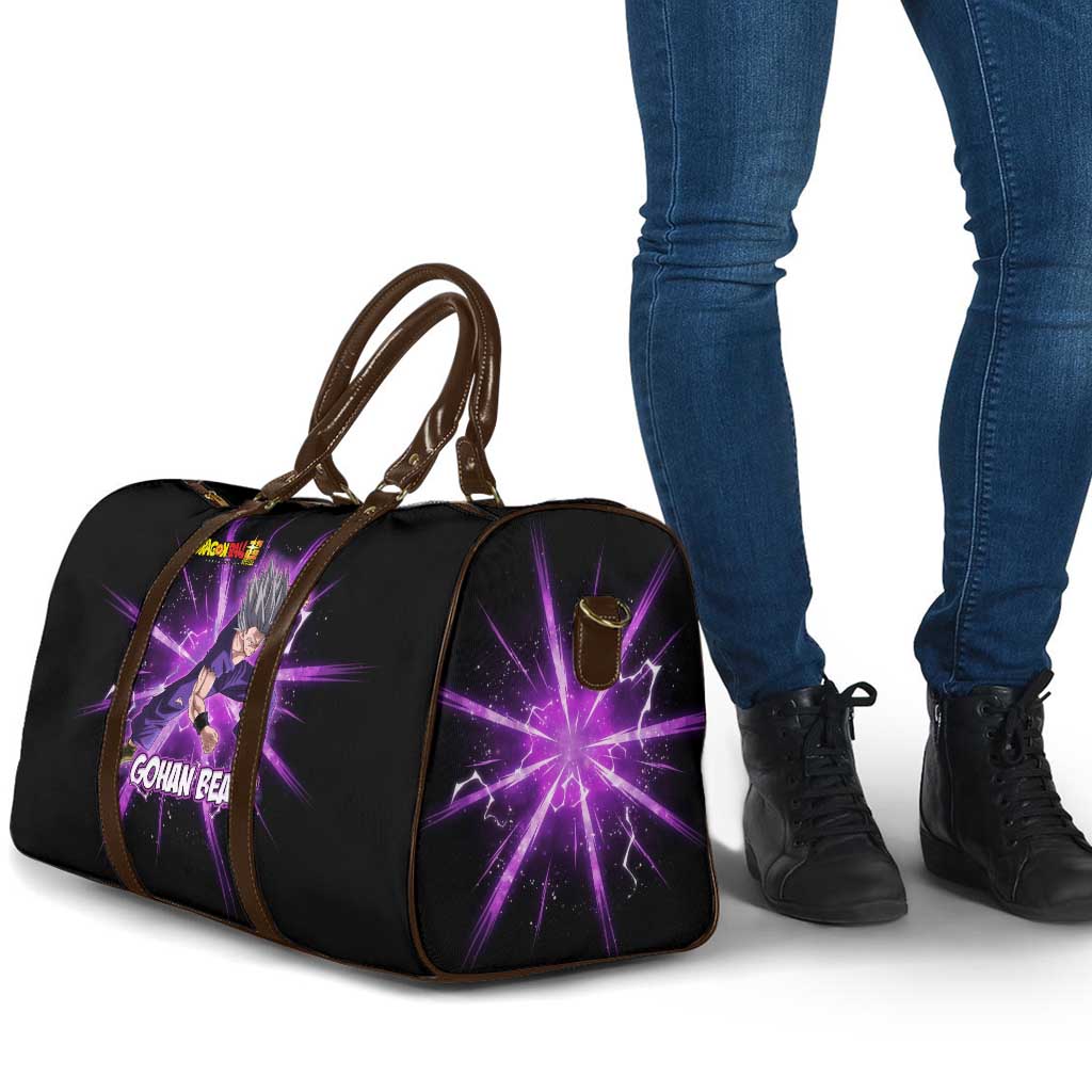 Gohan Beast Dragon Ball Super Anime Purple Lightning Aura Design Travel Bag with Dynamic Power Pose and Energy Burst Background - The Mazicc